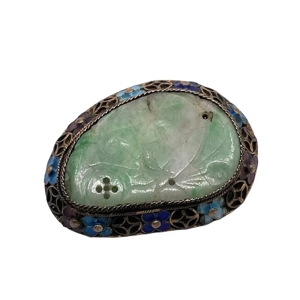 Sterling Silver 925 Carved Jade Enameled Brooch‎ Pin VTG Chinese Asian Flowers